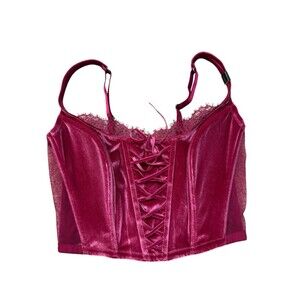 Victorias Secret Unlined Velvet Lace Up Corset Bra M-DD Maroon Sexy Lingerie NWT